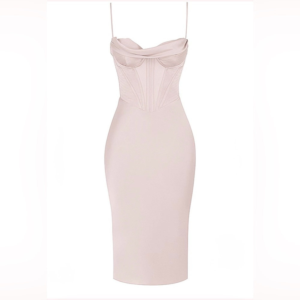 House of CB Myrna Corset Satin Midi Dress - Crystal (Blush Pink)